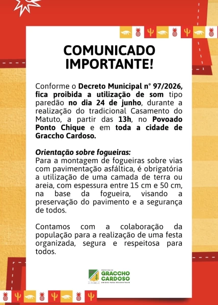 Prefeitura de Graccho Cardoso emite orientações para o dia 24 de junho durante o Casamento do Matuto