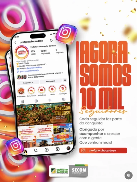 Prefeitura de Graccho Cardoso alcança 10 mil seguidores no Instagram