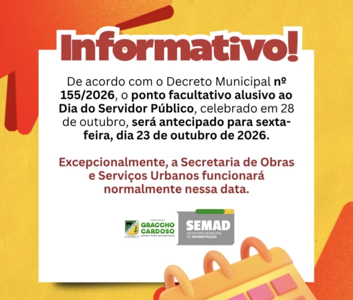 Prefeitura de Graccho Cardoso antecipa ponto facultativo do Dia do Servidor Público para 23 de outubro