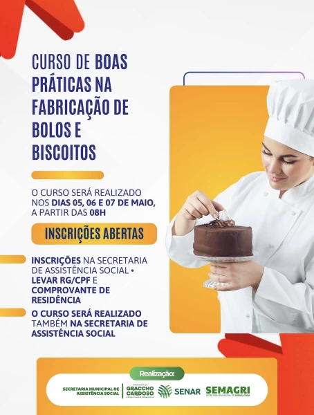 Curso de fabricação de bolos e biscoitos abre inscrições em Graccho Cardoso