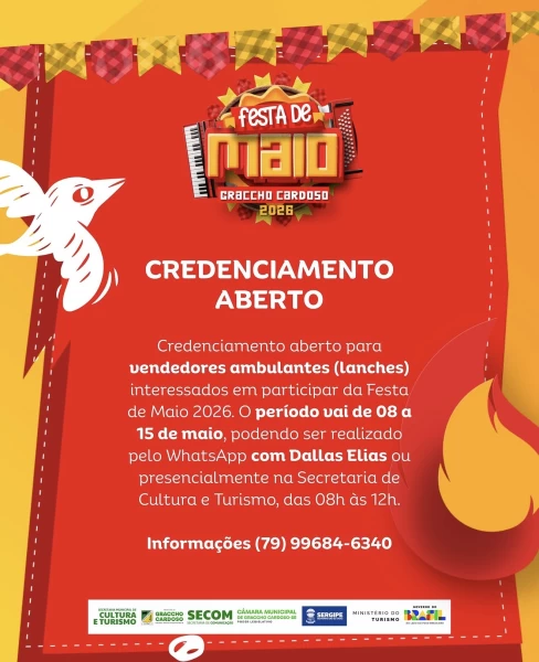 Credenciamento para vendedores ambulantes da Festa de Maio 2026 é aberto em Graccho Cardoso