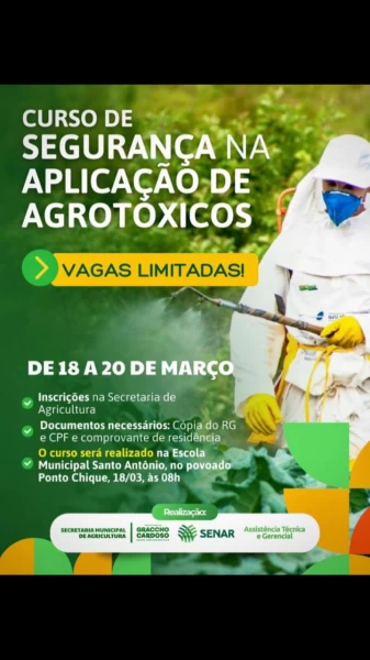 Curso sobre segurança na aplicação de agrotóxicos será realizado em Graccho Cardoso