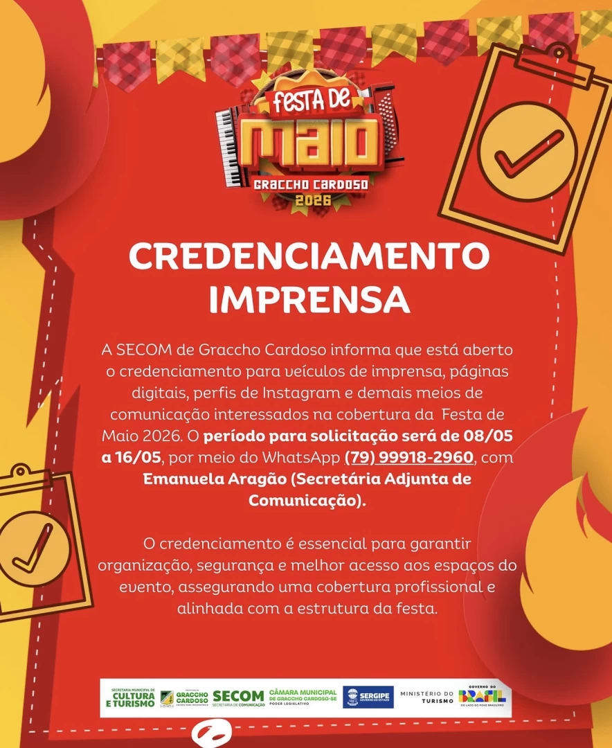 Prefeitura de Graccho Cardoso abre credenciamento para imprensa na cobertura da Festa de Maio 2026