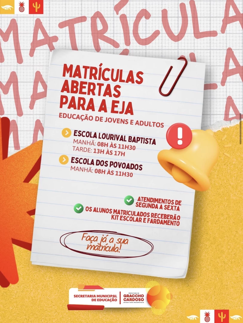 Prefeitura de Graccho Cardoso abre matrículas para Educação de Jovens e Adultos (EJA)